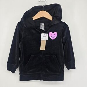 Anko Zip Up Hoodie Kids Size 2 Black Velour Holographic Heart Smiley Face Sweat